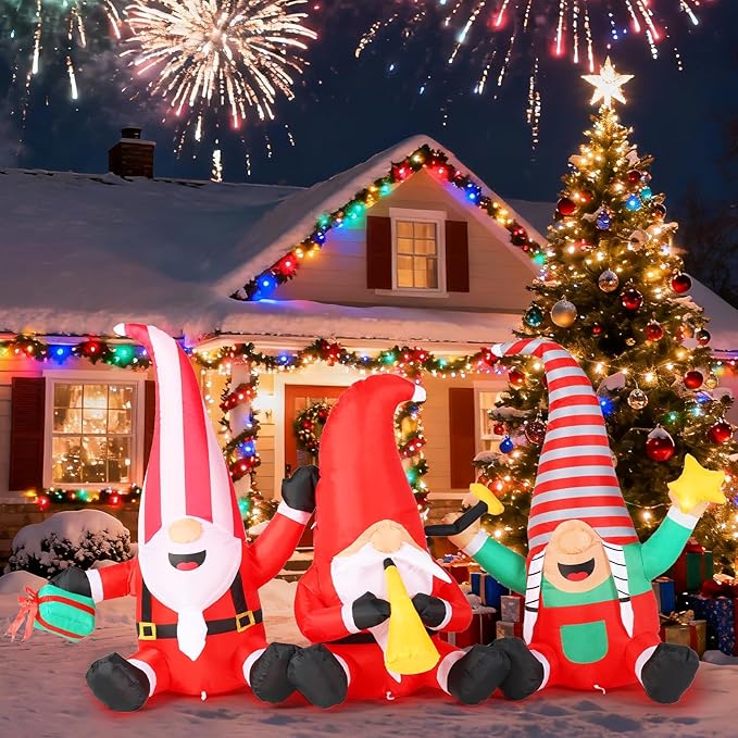 Christmas Decorations Inflatables Outdoor, 7.55FT Long Gnome Xmas Blow Up Built-in LED Lights with Trumpets, Stars and Gift Box Holiday Decor for Garden Lawn Yard Patio Bistro Indoor