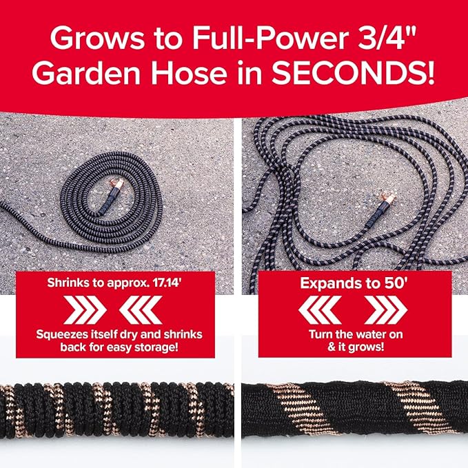 Pocket Hose Copper Bullet Expandable Garden Hose w/10 Pattern Thumb Spray Nozzle AS SEEN ON TV 650psi 3/4 in Patented Lead-Free Ultra-Lightweight Solid Copper Anodized Aluminum (50 Ft)