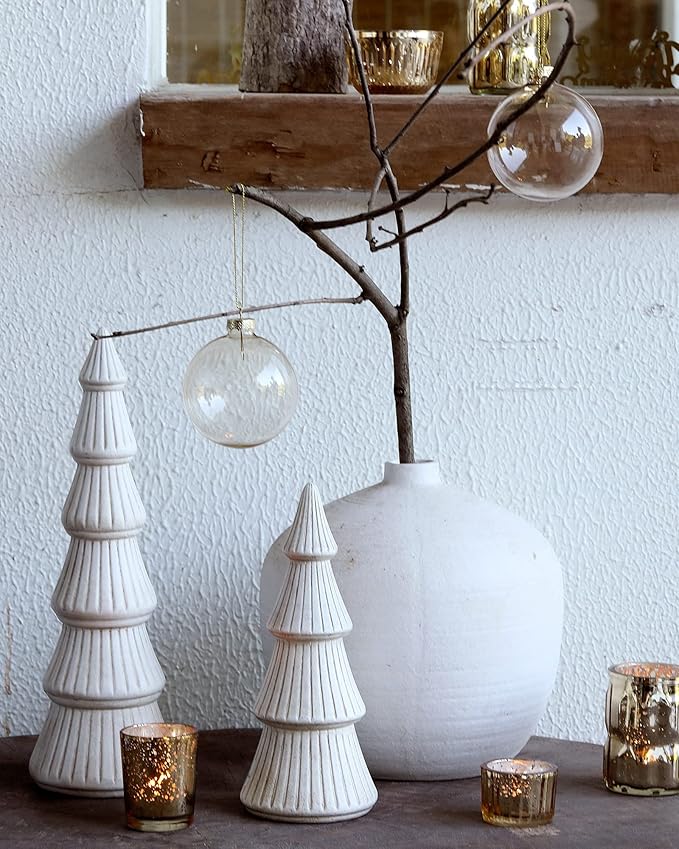 WONDROUS' DECO Wooden Christmas Tree Figurine Decor, Set of 2 White Christmas Tree Table Centerpieces, Small Distressed White Xmas Trees Set Decoration for Vintage Mantle Indoor