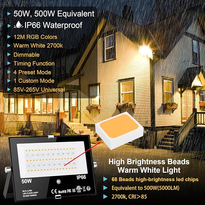 LED Flood Light Outdoor 500W Equivalent Color Changing Landscape Lighting, Timing+120 Colors Strobe+2700K Warm White+DIY Flash,IP66 Waterproof Up Stage RGB Led Light Indoor US 3Plug 6Pack with Stake