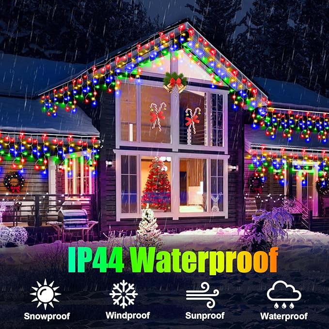 Christmas Lights Outdoor, 98FT 900LED Ice Lights for Outside, Ice String Lights with 8 Modes, Waterproof Timer Memory Hanging Light for Eaves Party Yard Garden(Multicolor)
