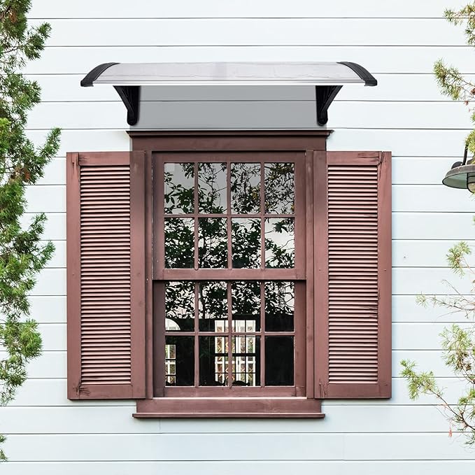 Window Awning Door Canopy Exterior- 32" x 40" Aluminum Door Awning, Polycarbonate Cover Patio Canopy Awning for House, Outside, Rain Snow & UV Resistant (Clear Board & Black Bracket)