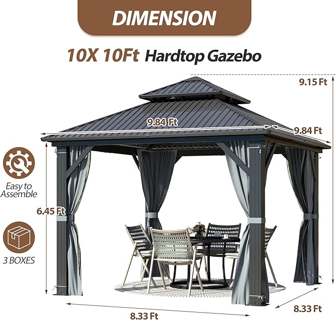 10 X 10ft Hardtop Gazebo, Galvanized Steel Double Roof Gazebo with Nettings and Curtain Outdoor Aluminum Frame Vertical Stripes Roof Permanent for Patio, Backyard, Lawns