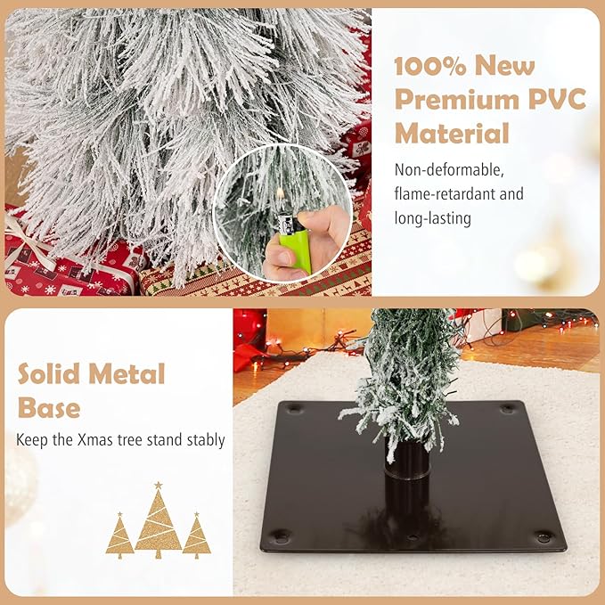 GOFLAME Set of 3 Pre-lit Christmas Tree, Snow Flocked Artificial Xmas Trees 3Ft, 4Ft and 5Ft with Warm White LED Lights, Pine Needles and Metal Base, Holiday Decoration Tree for Home Office Party