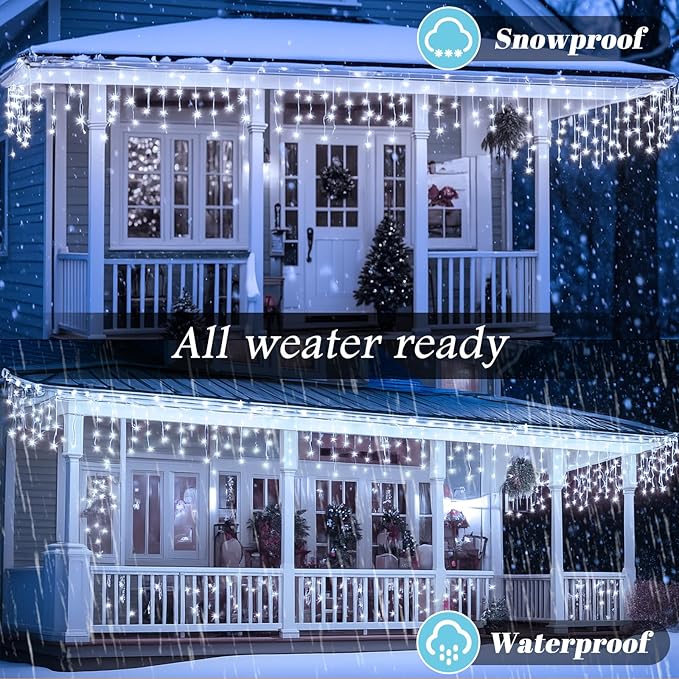 Cool White Christmas Lights Outdoor, 65ft 640 LED Icicle Lights for Outside House with Connectable Clear Wire 8 Modes Timer, Plug in Waterproof for Eaves Yard Party Indoor Holiday Decoration
