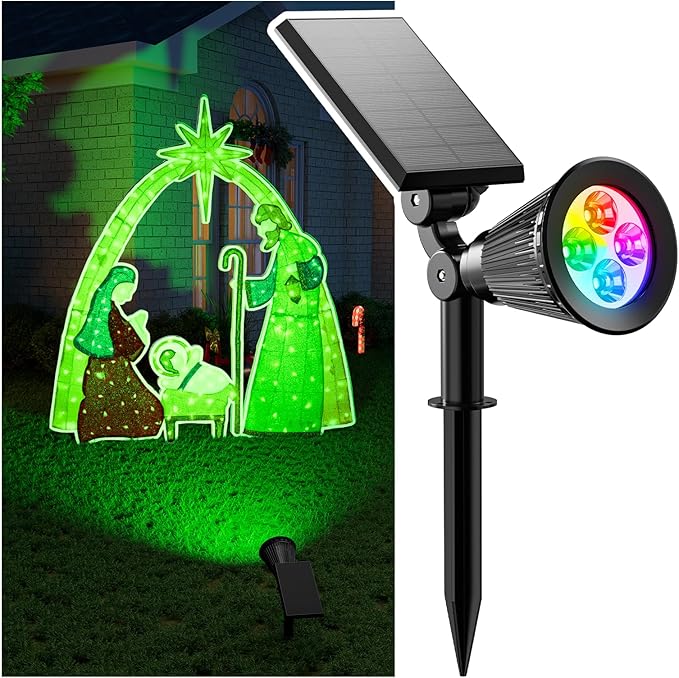 Christmas Color Change Solar Spotlights Outdoor Waterproof Led Landscape Spot Lights Uplighting for Xmas Tree, Wreath, Santa Claus, Elk Statue, Decorations, Ambient Lighting for House, Yard, Garden
