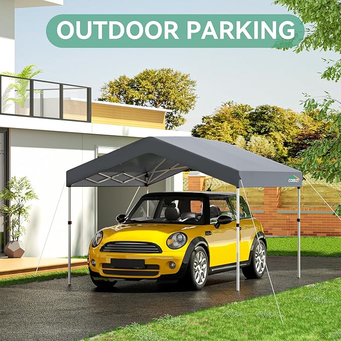 COBIZI 10x10 Pop Up Canopy with One Button Push Center Lock,Ez Up Portable Carport with 1 sidewall,Waterproof UV50+ Outdoor Party Commercial Carport Canopy Gazebos with Carry Bag(10 x 10 ft Gray)