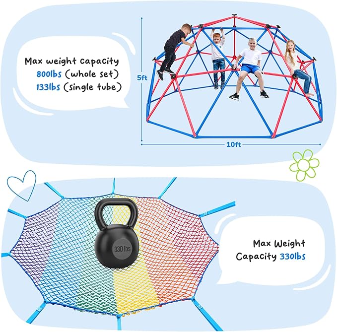 Hapfan Climbing Dome with Climbing Cargo Net, 10 ft Dome Jungle Gym with Hammock for Kids Outdoor Playset Monkey Bars Backyard (Red and Blue)