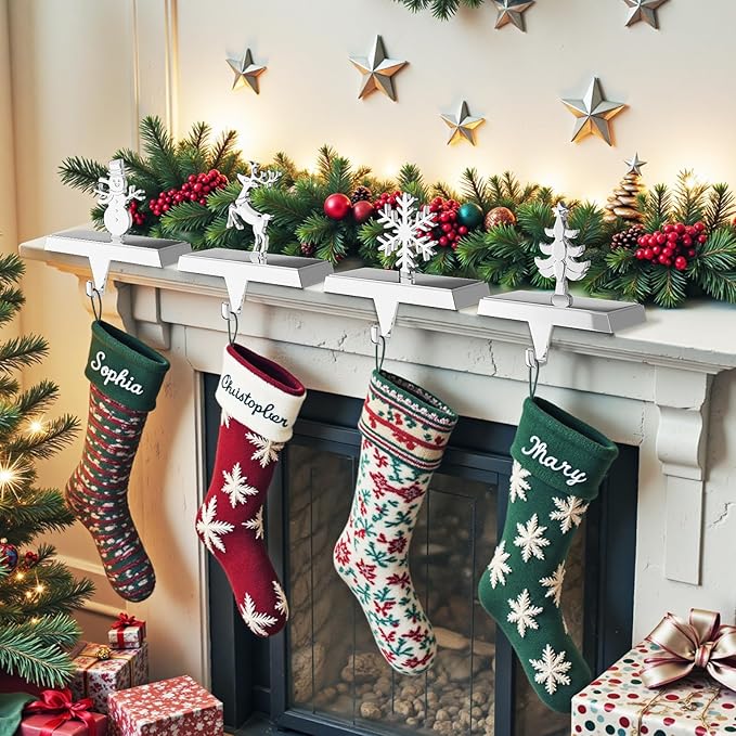 Stocking Holders for Mantle and Garland Hanger, 4-Pack Metal Christmas Stocking Hooks, Ideal for Christmas Celebrations, Festive Home Decorations, and Party Supplies
