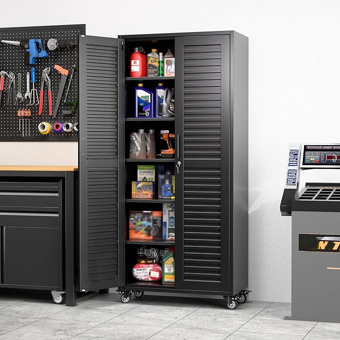 Aobabo Garage Storage Cabinet with Wheels,Metal Storage Cabinets with 5 Adjustable Shelves for Garage,Home,Assembly Required,Black, 71H''*32''W*16''D