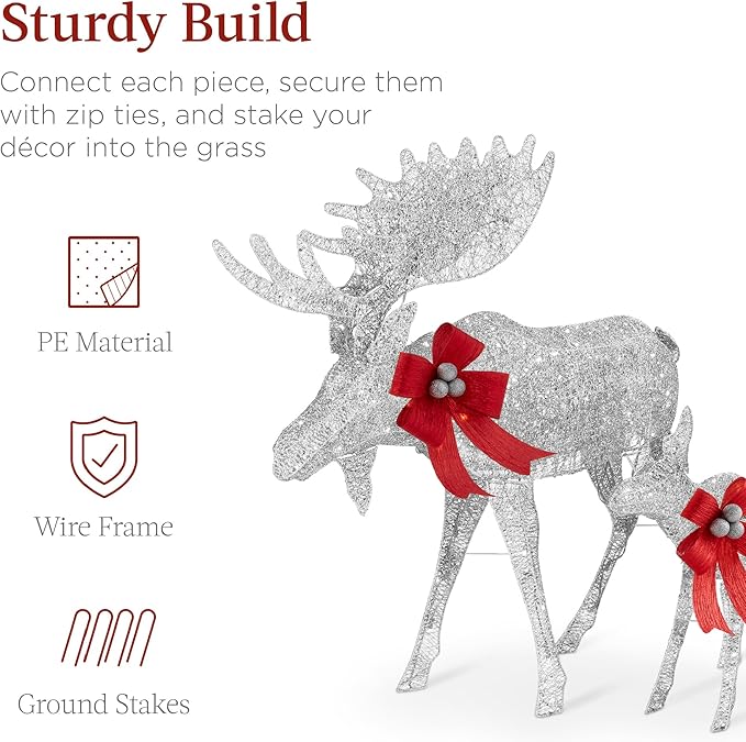 Best Choice Products 5ft 2-Piece Moose Family, Lighted Outdoor Christmas Yard Decoration, Light-Up Décor Set w/ 370 LED Lights, Zip Ties - Silver