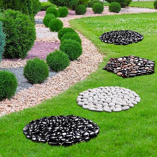 10in River Rock Stepping Stones Set - 6 Pack | Polished Pebble | Long-Lasting PVC Mesh Backing | Perfect for Garden Paths and Lawns Outdoor Landscaping Decoration | Rhombus and Round Set