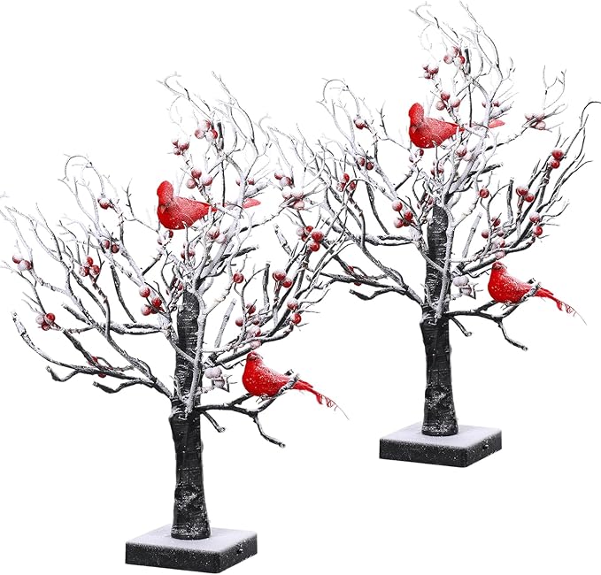 2 Pcs Vintage Glowing Tree with Cardinals Lighted Snow Christmas Mini Tree 24 LED Cardinal Little Red Bird Table Decoration for Tabletop Centerpiece Xmas Indoor Home Decor, Operated by Battery