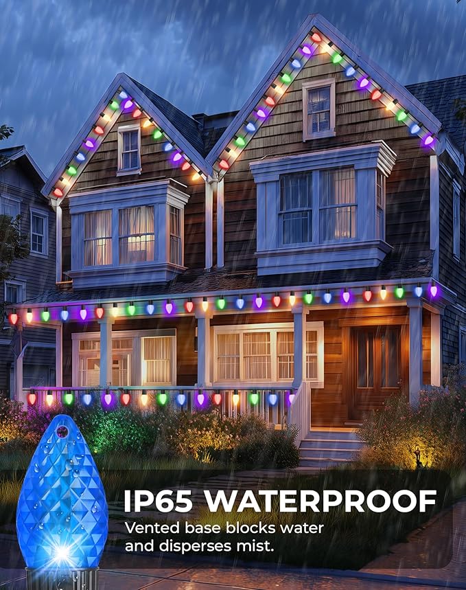 Smart C9 Christmas Lights Outdoor DIY Color Changing - 99FT 150LED APP & Remote Controlled, 16 Million Custom Colors, Music Sync Group Control for Multiple Trees, Roof Yard Party Holiday Lighting
