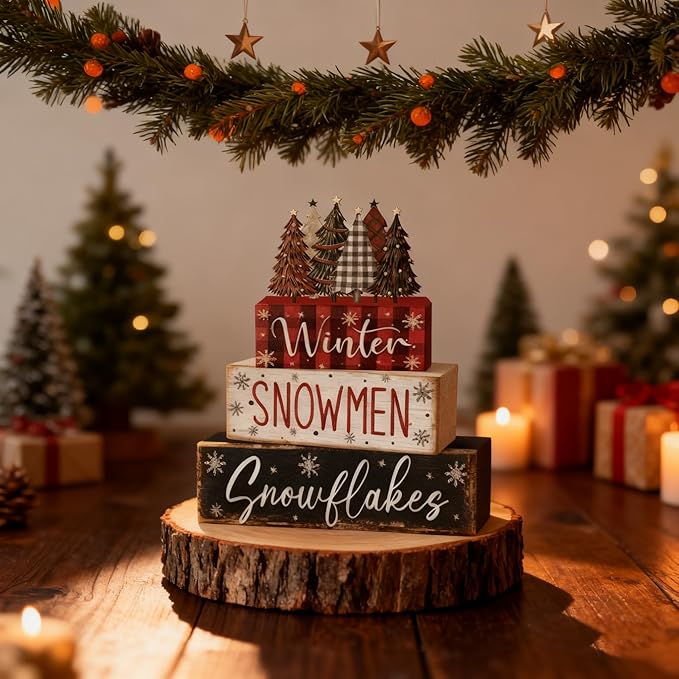 4 Pcs Christmas Decorations Indoor - Wooden Christmas Tree Table Decoration for Home - Holiday Centerpiece For Table - Winter Tiered Tray Decor Rustic Farmhouse Xmas Gift for Home Kitchen Mantel