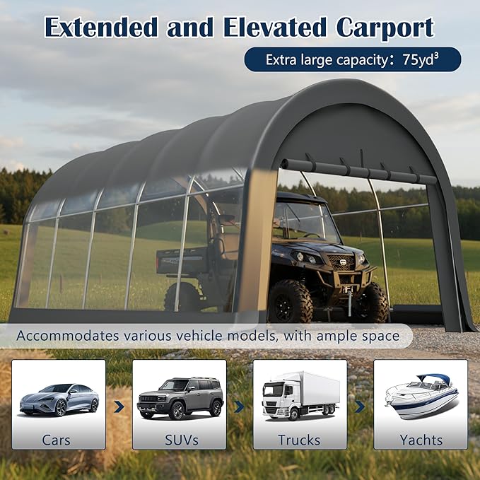 12x20 FT Heavy-Duty Carport Canopy, Portable Garage Shelter with Galvanized Steel Frame and PE Cover, Wind & Snow Resistant, Waterproof Outdoor Storage Tent for Car Truck SUV Boat Equipment