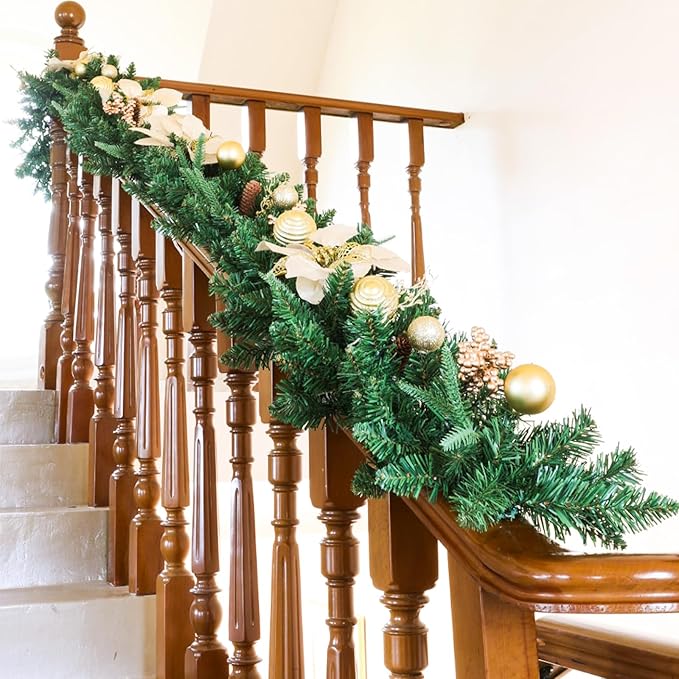 joyhalo Joyhalo 9ft Christmas Garland Decorations with Lights Battery Operated - Outdoor Prelit Christmas Garland for Mantle, Lighted Christmas Garland Indoor for Stairs Railing Fireplace, Gold