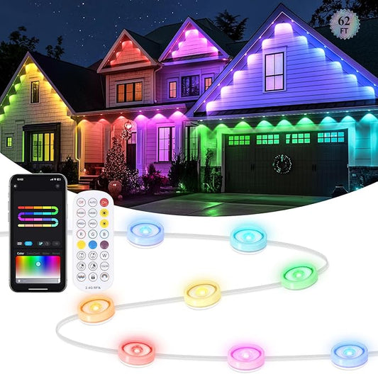 Brightever Permanent Outdoor Lights, 62FT Smart RGBIC Outdoor Light with 90 Scene Modes & 25 LED Eaves Lights, IP65 Waterproof Permanent Christmas Light for Daily/Holiday Decor, APP/Remote Control
