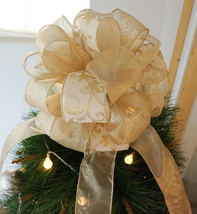 CT CRAFT LLC Champagne Gold Swirl Less Glitter Christmas Tree Topper Bow 11" with 4 Ribbon Streamers x 3 Yards Long Each for Holidy Elegant Fancy Home Décor Indoor