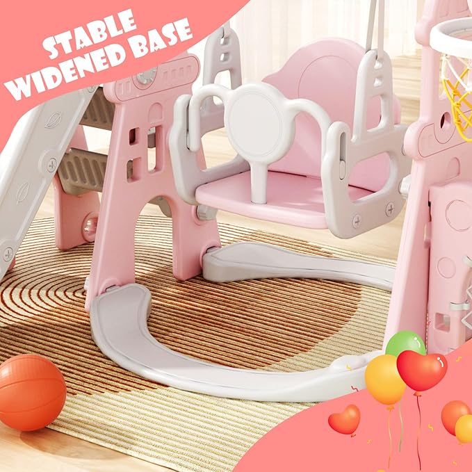 KORIMEFA 5-in-1 Kids Slide and Swing Set, Toddler Slide with Basketball Hoop, Swing, Outdoor Indoor Playground for Toddlers 1-3 (5 in1-Pink)