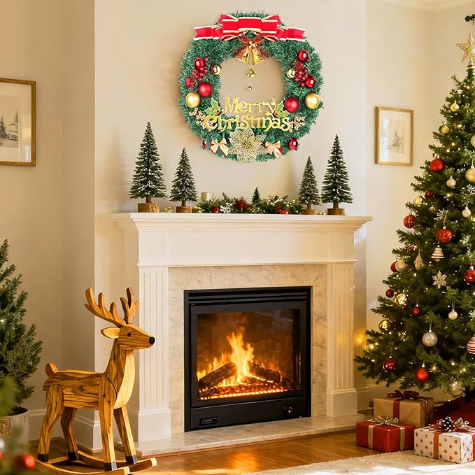 Christmas Wreaths for Front Door, Artificial Christmas Wreath with Bow, Bells, Berries, Gold Flowers and Holiday Decor Sign, Winter Wreaths for Fireplace, Windows, Wall Decor(20 Inches)