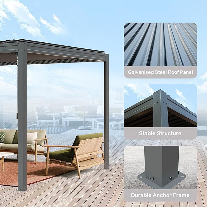 10’ x 20’ Louvered Pergola, Outdoor Pergola Aluminum Frame with Adjustable Rainproof Metal Roof, Permanent Sun Shade with Drainage System for Backyard, Garden and Lawn (Grey)