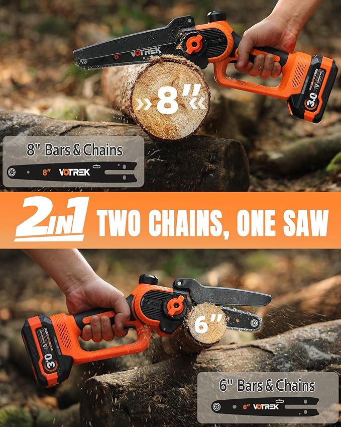 Unique Gift for Men: Mini Chainsaw Cordless 8 inch & 6 inch, Powerful & Safe Electric Handheld Chain Saw with 2 Batteries, Ultimate Garden Gift for Dad, Husband, Father, Christmas & Birthdays