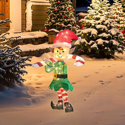 GENIMO 3D Elf Outdoor Christmas Decorations, 70 Lights Pre-Lit Elf with Candy Cane for Holiday Decor Xmas Outside Indoor Home Lawn Yard Garden Patio Stakes Zip Ties(38 in)