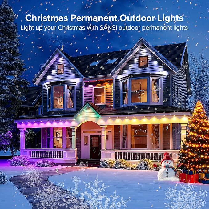 SANSI 100FT Permanent Outdoor Lights, AI Smart RGB+IC Lights 90 Scene Modes for Outside, DIY Lighting Themes for Christmas Decorations, Music Mode, IP67 Waterproof, Works with Alexa, Google Assistant