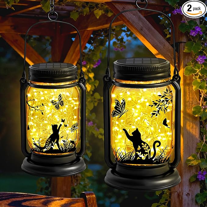2 Pack Cat Solar Lanterns, Outdoor Hanging Solar Lantern with Stake, Christmas Birthday Gifts for Mom, Grandma,Women,Black Cat Butterfly Vintage Glass Mason Jar Waterproof Lights for Yard Garden Decor