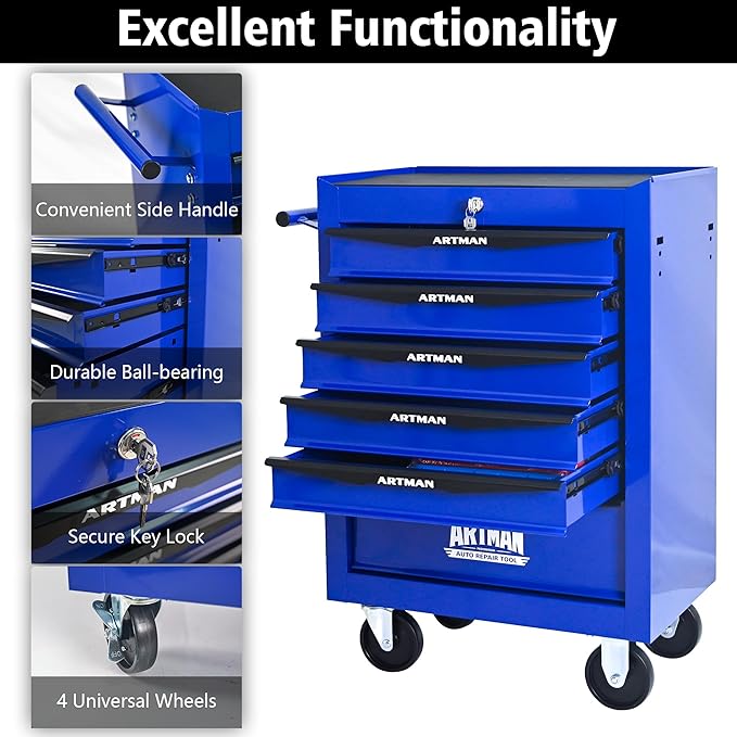 RYH 5 Drawers Rolling Tool Chest - 13 D x 20.9 W x 30.5 H Heavy Duty Mobile Tool Cart with Locking Wheels & Ball Bearing Drawers, Garage Tool Storage Cabinet (Blue, 5 Drawers)
