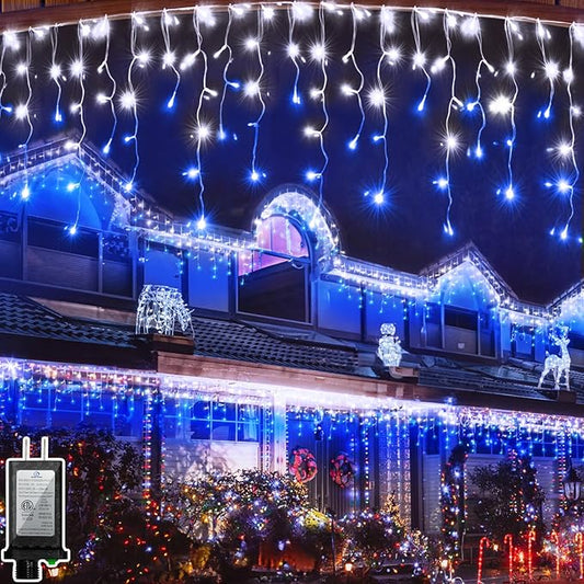 132FT 1332 LED Outdoor Christmas Lights - 296 Ice Drops, 12 Pro Modes with Timer Memory & Brightness, Waterproof Hanging Ice String Light for Holiday Wedding Garden Fence House Decor (White & Blue)