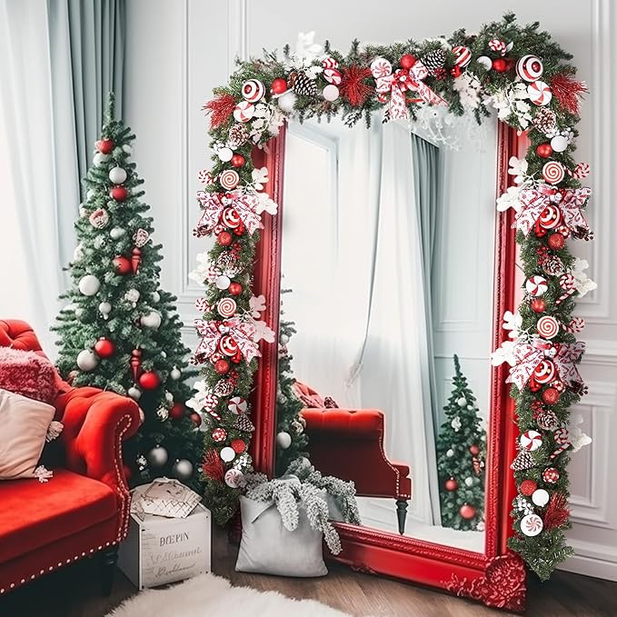 WBHome Pre-lit 6 Feet/72 Inch Decorated Christmas Garland, Red & White Lighted Garland with 35 LED Lights for Indoor Outdoor Xmas Decor Holiday Decorations, Battery Operated (Batteries NOT Included)