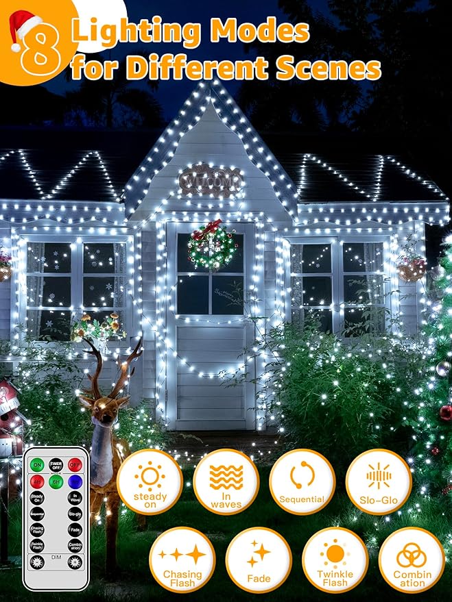 Christmas Lights 1200 LED 394 FT, Waterproof Outdoor String Lights with Remote and Timer, Christmas Tree Lights with 8 Modes Dimmable, Fairy Lights for Holiday Decor (Cool White)