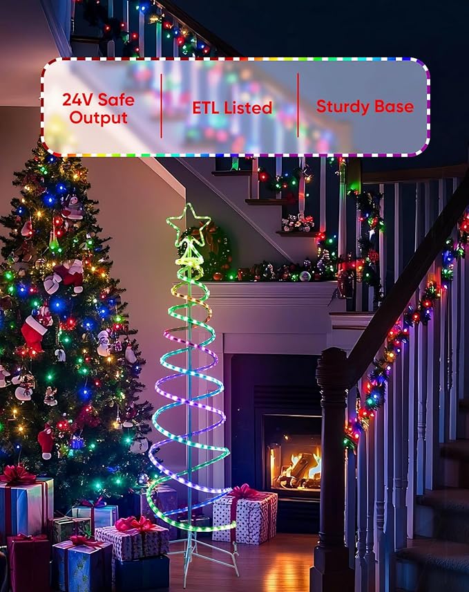 Double Spiral Christmas Tree Light Outdoor, Color Changing Remote Control Outdoor Light Up Christmas Tree with 8 Modes, 24V Plug&Play ETL Waterproof for Xmas Yard, RGB+IC, 3FT