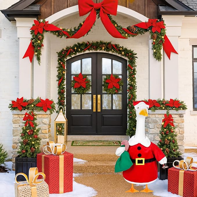 Christmas Santa Porch Goose Outfits Christmas Lawn Goose Clothes Fits 23" Cement Plastic Goose Statue for Xmas Outdoor Garden Yard Patio Art Decoration