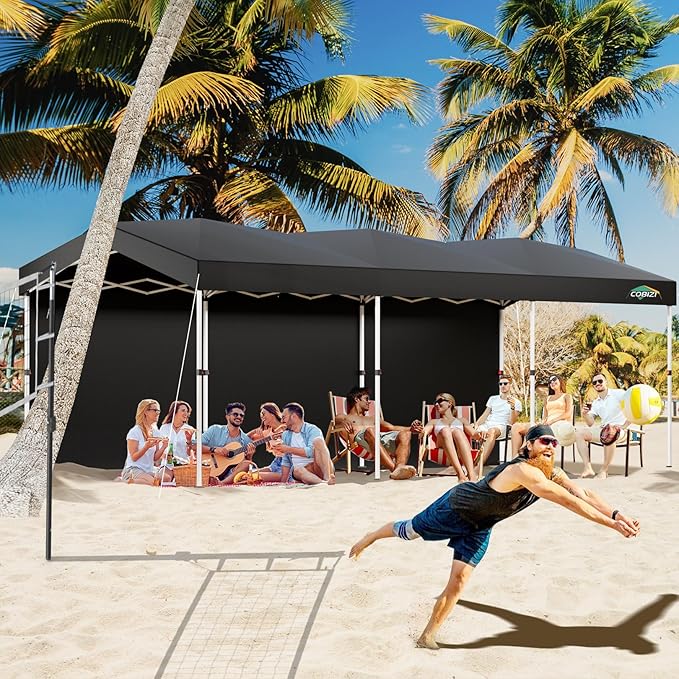 COBIZI 10x30 Pop Up Canopy with One Button Push Center Lock,Ez Up Portable Carport with 3 sidewalls,Waterproof UV50+ Outdoor Party Commercial Carport Canopy Gazebos with Roller Bag(10 x 30 ft Black)