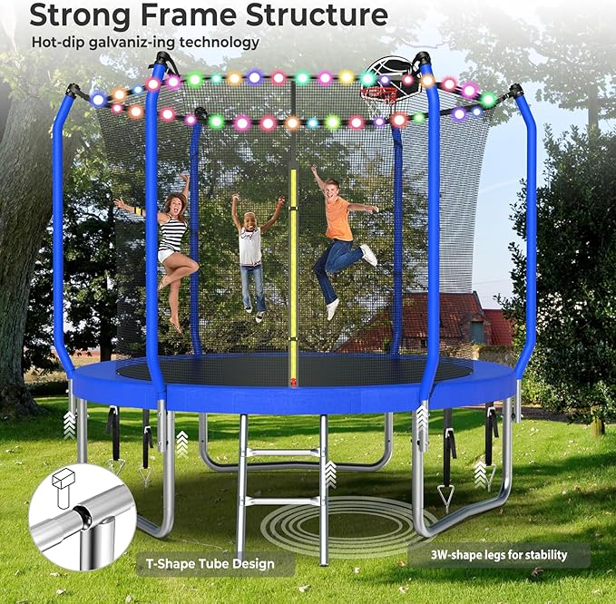 Lyromix Upgraded Trampoline 8FT/10FT/12FT/14FT With Basketball Hoop, Light, Sprinkler, Stakes - Outdoor Backyard for 4-6 Kids and Adults