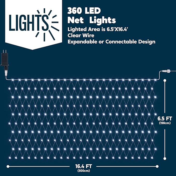 JOYIN 360 LED Christmas Net Lights, 6.5X 16.4FT Christmas Mesh Lights with 8 Modes, Connectable, Waterproof for Bushes Trees Yard Indoor Outdoor Xmas Decorations (Cool White)