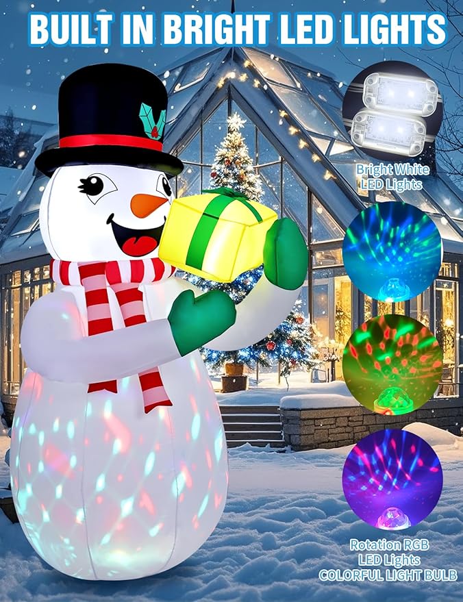 6FT Christmas Inflatables Outdoor Decorations,Inflatable Snowman Holding Gift Box Build-in LED Light-Christmas Blow Up Yard Decorations for for Indoor/Outdoor Holiday Garden Lawn Yard Patio