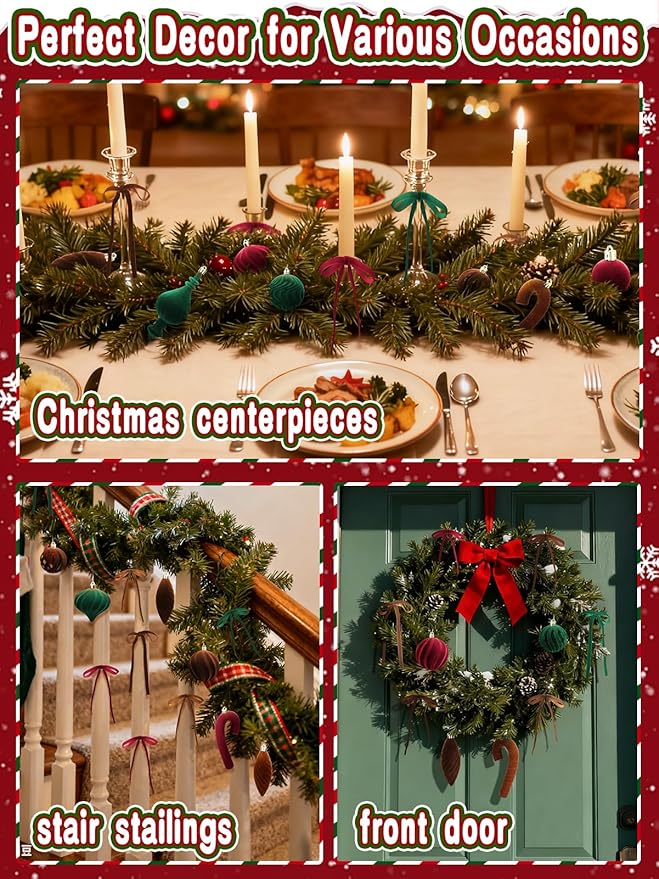 80Pcs Velvet Star Topper & Ornaments for Christmas Tree Decorations - 1 Topper Star, 2 Candy Canes, 27 Flocked Shatterproof Balls and 50 Bows (Multi-Color)