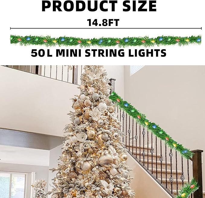 Nerosun 14.8 FT Artificial Christmas Garland, 50 Pre-Lit LED Mini String Lights Battery Operated Xmas Garland for Home Stair Railing Indoor Wedding Party Christmas Ornament Decorations (Multi-Colored)