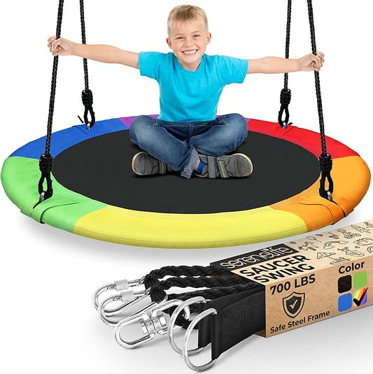 SereneLife Saucer Swing with Tree Hang Kit, 40¡± Outdoor Tree Swing, 2 Adjustable Hanging Rope Straps and Center Swivel Spinner for Kids (Rainbow)