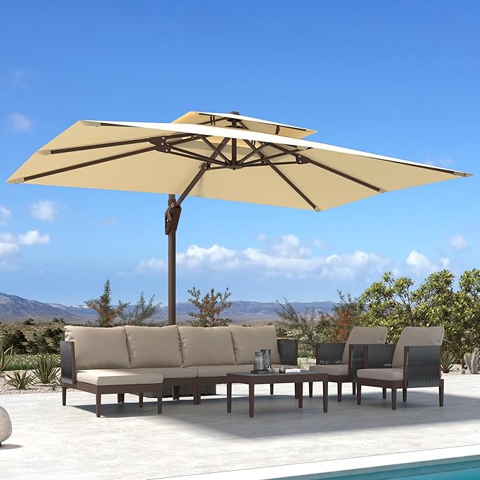 10' X 13' Patio Umbrella Outdoor Large Rectangle Offset Cantilever Umbrellas Double Top Heavy Duty Windproof with 360-degree Rotation for Pool Garden Deck, Beige
