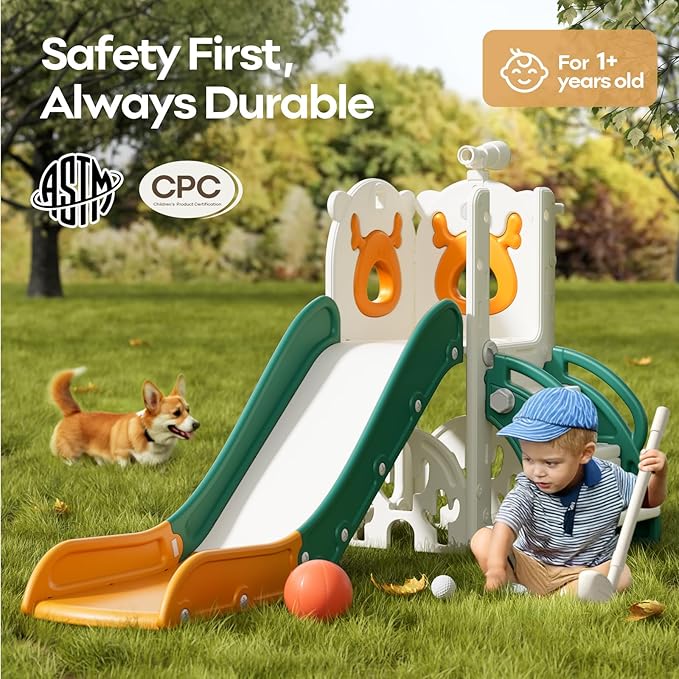 Mloong 7 in 1 Toddler Slide, Kids Slide for Toddlers Baby 1-3 Years Old, Indoor and Outdoor with Basketball Hoop Upgraded Golf, Plastic Slides for Kids Elk Theme(Yellow & Green)(28×62×39in)
