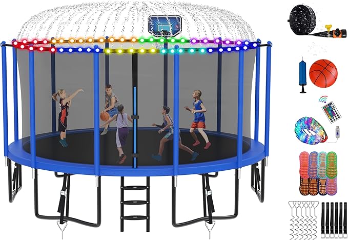 DeepRoar 2026 Upgraded 8FT 10FT 12FT 14FT 15FT 16FT Outdoor Tranpoline for Kids, Big tranpoline with Basketball Hoop, Lights, Sprinkler & Socks, Heavy Duty tranpoline 1500LB, ASTM Approved Tranpoing
