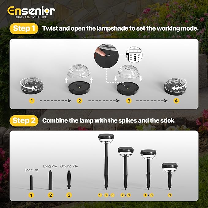 Ensenior Color Changing Solar Lights Outdoor, Auto ON/Off 3000K White Light & RGB LED Solar Garden Lights for Pathway, Yard, Patio, Waterproof, Energy-Efficient Landscape Lighting, 10-Pack