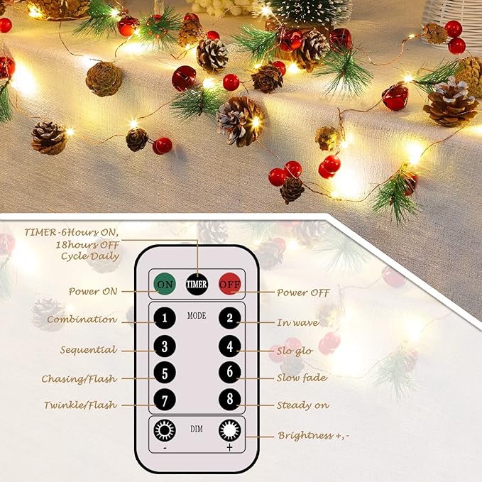 Christmas Garland with String Lights 10 Ft 30 LED Pine Cone Red Berry Bells Garland Lights, Indoor Christmas Decorations for Home and Fireplace Mantel Decor,Christmas Tree Decor (Yellow)
