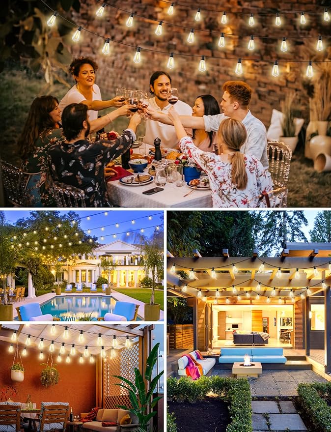 Brightever 50FT Outdoor String Lights with Remote, LED String Lights for Outside with 16 Shatterproof ST38 Vintage Edison Bulbs, 3 Modes 2 Timer Dimmable Outside Lighting for Patio, Gazebo, Deck, Yard
