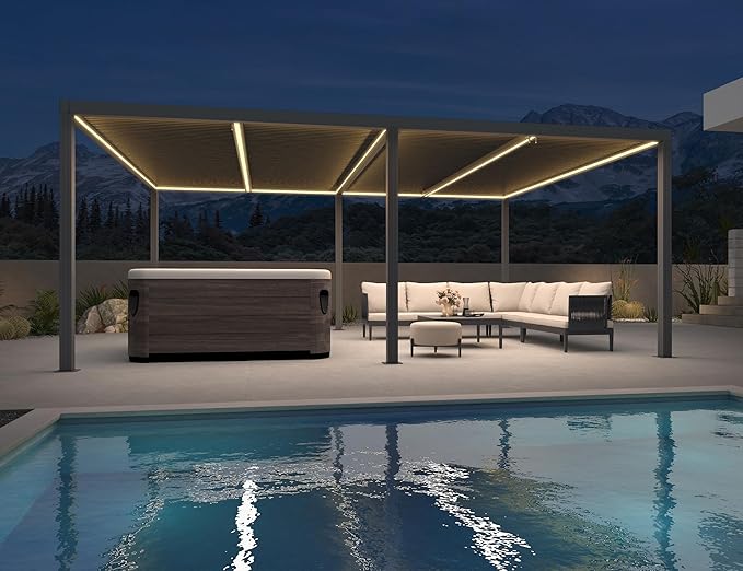 PURPLE LEAF LED Louvered Pergola 94AS 12'x 20' Full Aluminum Frame and Adjustable Roof Integrated Strip Lights for Outdoor Deck Garden Patio Gray Hardtop Gazebo Pergola